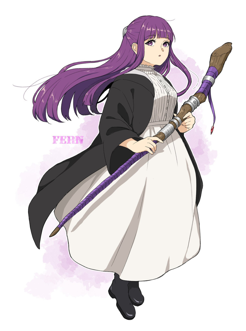 1girl black_coat black_footwear blunt_bangs boots character_name coat commentary_request dress fern_(sousou_no_frieren) full_body highres holding holding_staff long_hair looking_at_viewer mage_staff open_clothes open_coat purple_eyes purple_hair shiharu1115 simple_background solo sousou_no_frieren staff white_background white_dress