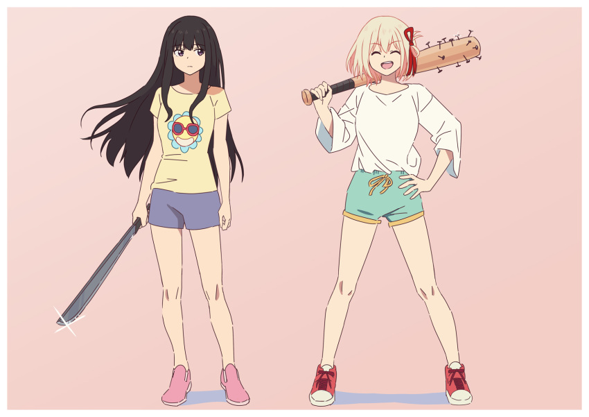 2girls ^_^ asada7101 baseball_bat black_hair blonde_hair blue_shirt blue_shorts bob_cut border breasts closed_eyes closed_mouth commentary_request floating_hair full_body glint hair_ribbon hand_on_own_hip highres holding holding_baseball_bat holding_machete inoue_takina long_hair lycoris_recoil medium_breasts multiple_girls nail nail_bat nishikigi_chisato open_mouth partial_commentary pink_background pink_footwear purple_eyes red_footwear red_ribbon ribbon shirt shoes short_hair shorts sidelocks simple_background sleeves_past_elbows smile standing teeth upper_teeth_only white_border yellow_shirt