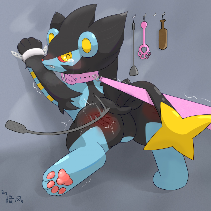 ambiguous_gender butt butt_slap cuff_(restraint) feral generation_4_pokemon handcuffs hi_res jayfeather233 leash leash_pull looking_back luxray metal_cuffs nintendo pokemon pokemon_(species) restraints slap solo spank_marks spanking