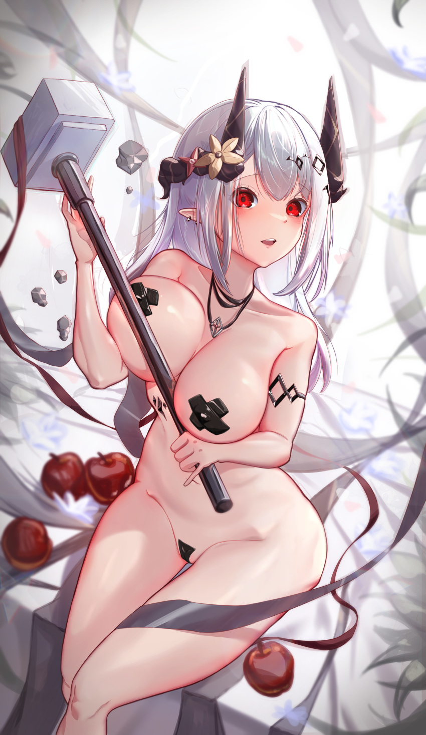 1girl absurdres annasui_factory apple arknights bandaid bandaid_on_pussy bandaids_on_nipples blush breasts earrings food fruit grey_hair highres holding holding_weapon horns jewelry large_breasts long_hair looking_at_viewer mudrock_(arknights) multiple_necklaces nude open_mouth pasties pointy_ears red_apple red_eyes sitting solo weapon