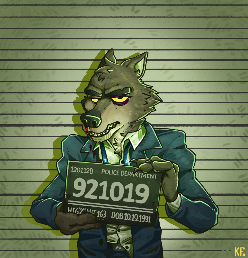 2021 absurd_res anthro beaten beating blood bodily_fluids bruised_eye canid canine canis clothing dreamworks english_text fur hi_res holding_object holding_sign imperial_unit jail_placard katxfish lidded_eyes looking_at_viewer male mammal measurements mr._wolf_(the_bad_guys) nosebleed number numbered_tag placard police_lineup sign solo station suit teeth text the_bad_guys unit wolf