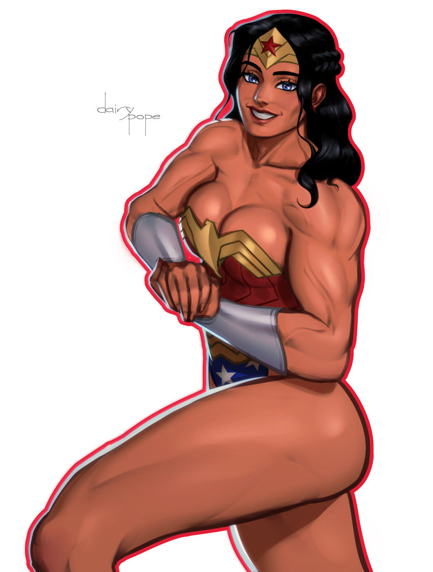 1girl absurdres armor bare_shoulders black_hair breasts clenched_hands dc_comics highres large_breasts long_hair muscular muscular_female pope_of_dairy red_lips simple_background solo thighs white_background wonder_woman