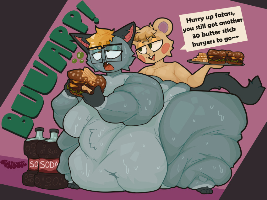 absurd_res animal_crossing anthro belly beverage big_belly blonde_hair blue_body bodily_fluids breasts burger burping butt butter catboyz dairy_products digital_media_(artwork) domestic_cat duo eating english_text eyewear feeding felid feline felis food glasses hair heterochromia hi_res holding_food holding_object huge_belly male male/male mammal marshal_(animal_crossing) moobs morbidly_obese morbidly_obese_anthro navel nintendo nude obese obese_anthro obese_male onomatopoeia open_mouth overweight overweight_anthro overweight_male raymond_(animal_crossing) rodent sciurid simple_background smile soda soda_bottle sound_effects speech_bubble sweat tail text tree_squirrel yellow_body