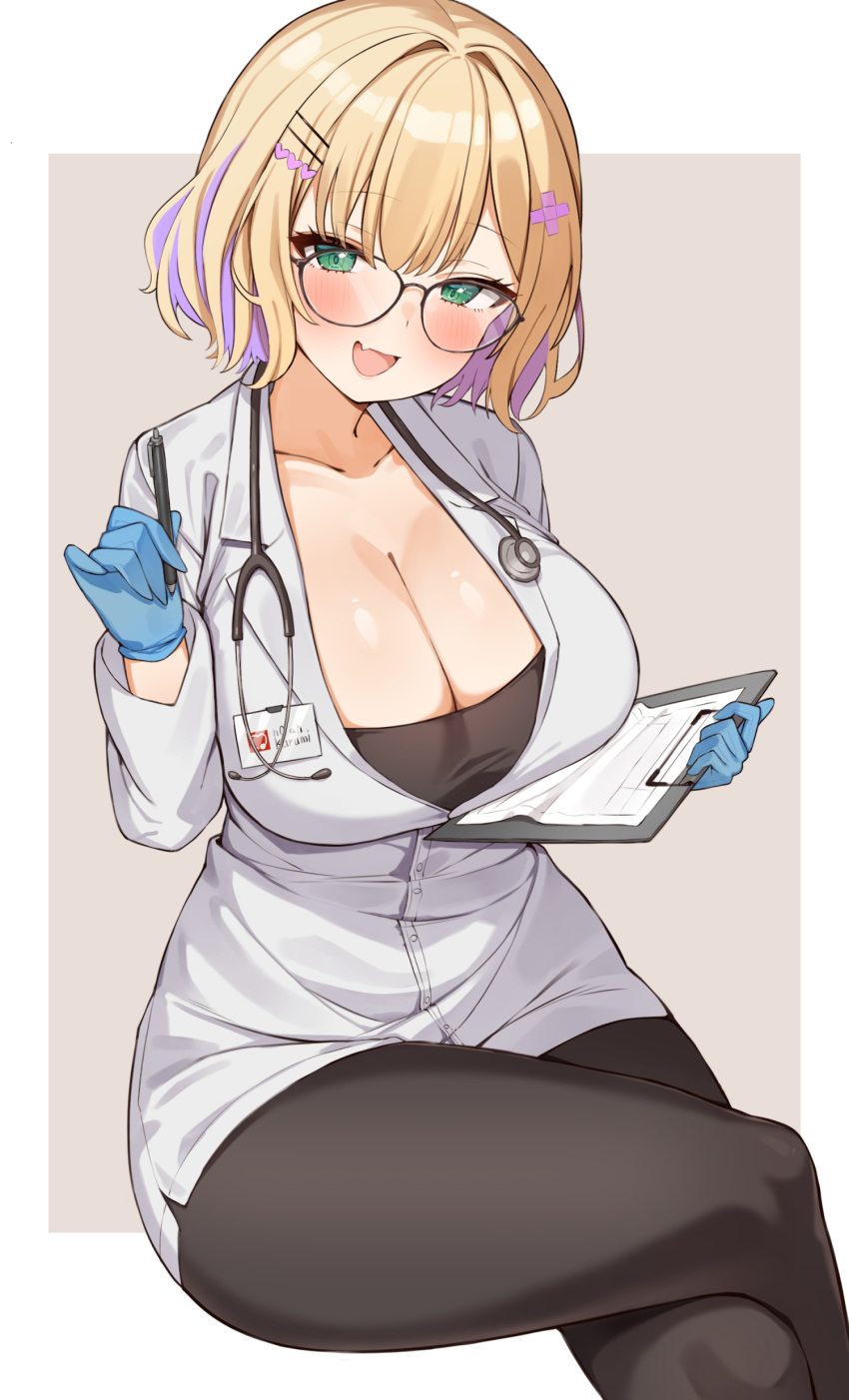 1girl absurdres blonde_hair blue_gloves blush breasts choco_tanuki cleavage clipboard collarbone colored_inner_hair crossed_legs doctor fang glasses gloves green_eyes hair_ornament hairclip heart heart_hair_ornament highres holding holding_clipboard holding_pen iris_black_games kurumi_noah large_breasts long_sleeves looking_at_viewer multicolored_hair open_mouth pantyhose pen shirt short_hair sitting skin_fang smile solo stethoscope virtual_youtuber vspo! x_hair_ornament