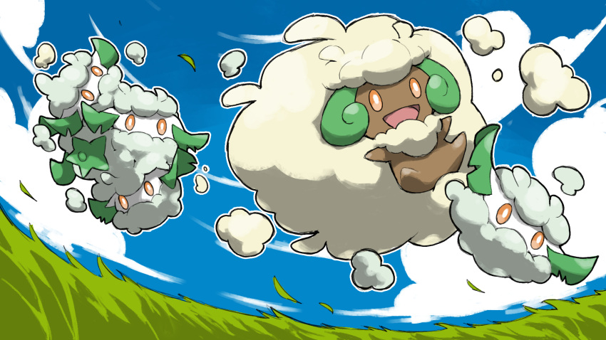 :d blacknirrow blue_sky bright_pupils cloud commentary cottonee curled_horns dark_skin grass highres horns jumping leaf no_humans open_mouth orange_eyes outdoors pokemon pokemon_(creature) sky smile whimsicott white_pupils