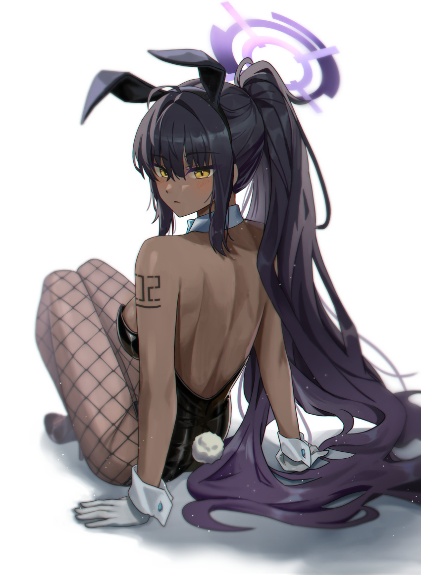 1girl absurdres ahoge animal_ears arm_tattoo back backless_leotard black_footwear black_hair black_leotard blue_archive blue_bow blue_bowtie blush bow bowtie breasts closed_mouth commentary dark-skinned_female dark_skin detached_collar expressionless fake_animal_ears fake_tail fishnet_pantyhose fishnets from_behind full_body gloves halo hashtag_only_commentary high_heels high_ponytail highres karin_(blue_archive) karin_(bunny)_(blue_archive) leotard long_hair looking_at_viewer looking_back medium_breasts noir_(noir_reveur) number_tattoo official_alternate_costume pantyhose playboy_bunny ponytail purple_hair purple_halo rabbit_ears rabbit_tail sidelocks simple_background sitting solo strapless strapless_leotard tail tattoo very_long_hair white_background white_gloves wrist_cuffs yellow_eyes