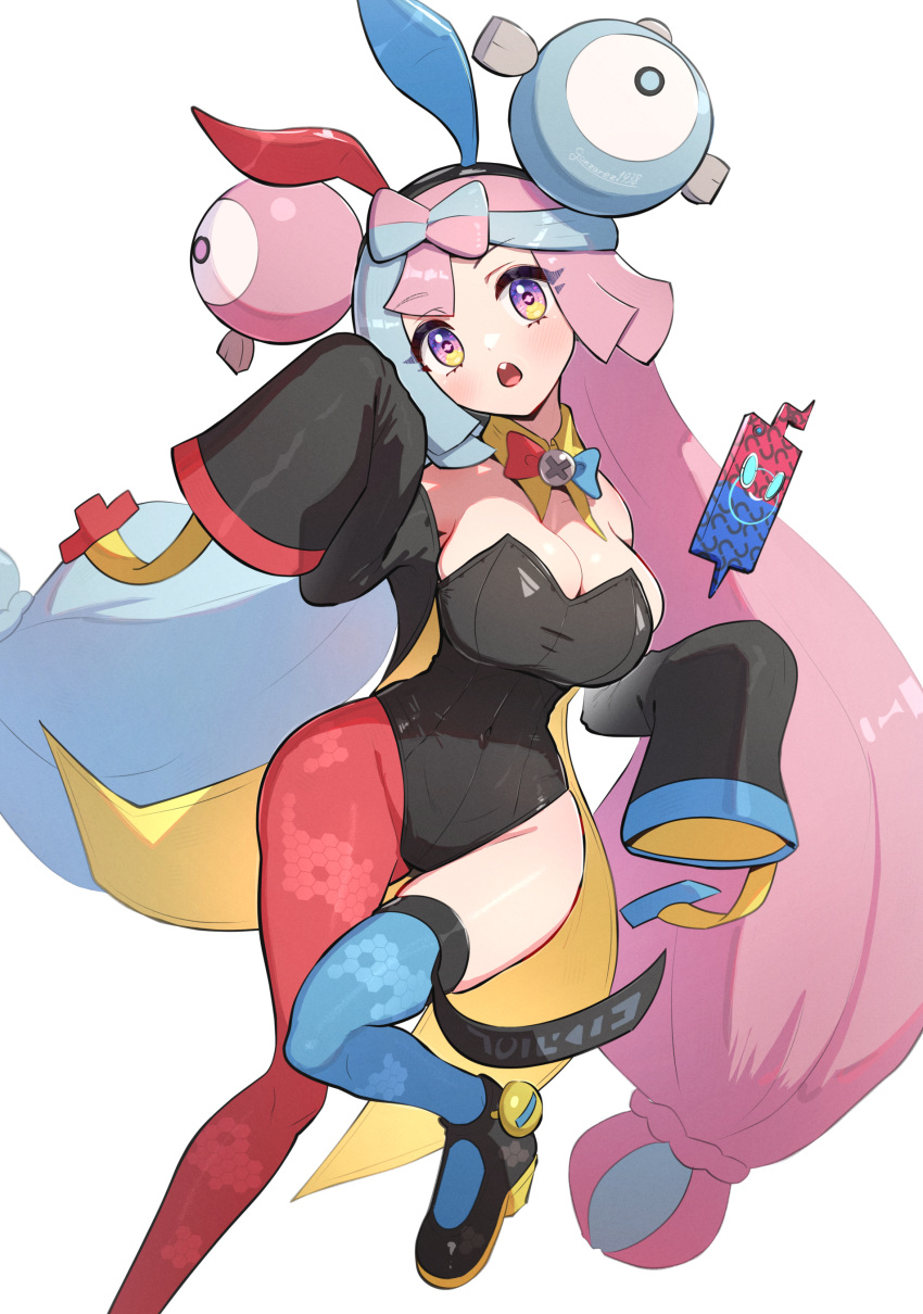 1girl absurdres animal_ears asymmetrical_legwear blue_hair bow-shaped_hair breasts character_hair_ornament cleavage covered_navel detached_collar detached_sleeves fake_animal_ears gonzarez gradient_eyes hair_ornament highres iono_(pokemon) large_breasts leotard long_hair long_sleeves looking_at_viewer multicolored_eyes multicolored_hair open_mouth pink_hair playboy_bunny pokemon pokemon_sv purple_eyes rotom rotom_phone single_leg_pantyhose single_thighhigh sleeves_past_fingers sleeves_past_wrists solo strapless strapless_leotard teeth thigh_strap thighhighs thighs two-tone_bowtie two-tone_hair