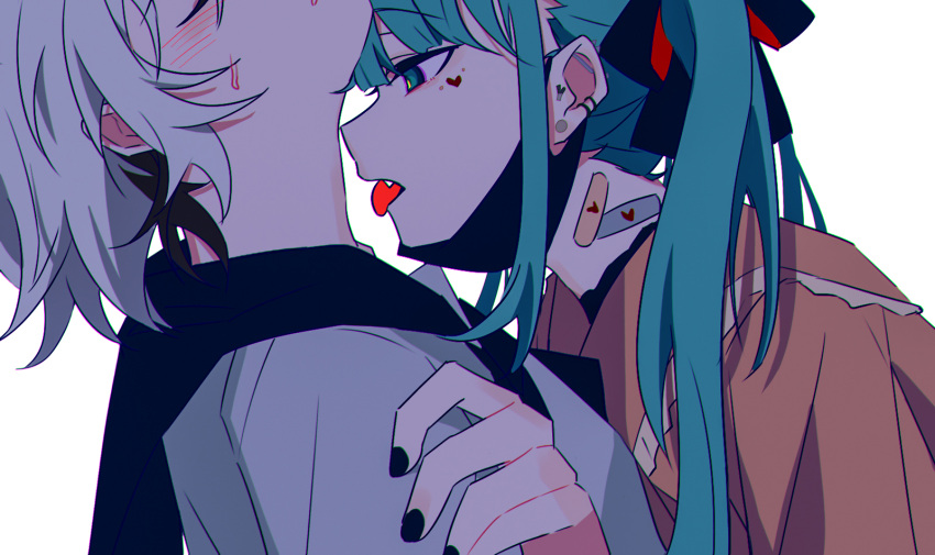 2girls aqua_eyes aqua_hair bandaid bandaid_on_neck black_hair black_mask black_nails black_ribbon black_sailor_collar black_shirt blush bright_pupils collared_shirt ear_piercing facial_mark fang flower_(vocaloid) flower_(vocaloid4) frilled_shirt_collar frills from_side hair_ribbon hand_on_another's_arm hatsune_miku heart heart_facial_mark highres imminent_bite long_hair mask mask_pull mouth_mask multiple_girls nail_polish open_mouth piercing red_shirt ribbon sailor_collar shirt short_hair sweat tongue tongue_out turtleneck twintails upper_body vampire vampire_(vocaloid) vocaloid white_background white_hair white_pupils white_shirt ximuye