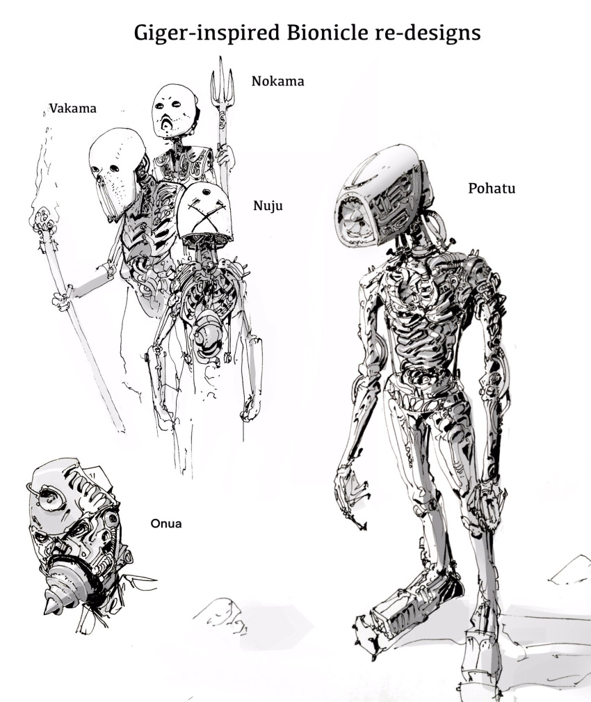 bionicle character_name clenched_hands drill english_commentary english_text fire greyscale h.r._giger_(style) highres holding holding_staff humanoid_robot kanohi_(bionicle) looking_down mantleheart mask monochrome no_humans nokama_(bionicle) nuju_(bionicle) onua_(bionicle) pohatu_(bionicle) polearm redesign robot shadow staff the_lego_group trident turbine vakama_(bionicle) weapon