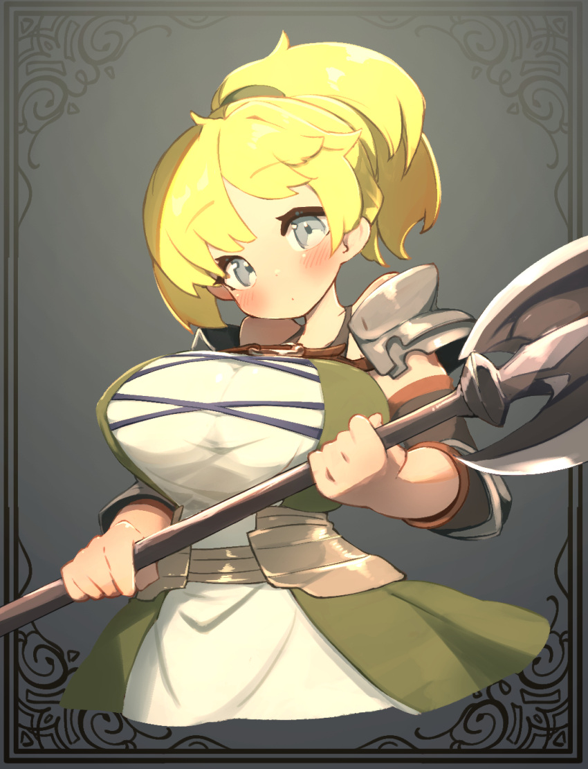 1girl alternate_breast_size armor axe blonde_hair blue_eyes blush border celeste_(unicorn_overlord) commentary_request dot_mouth eyelashes fantasy gradient_background grey_background high_ponytail highres holding holding_axe looking_at_viewer medium_hair ornate_border pauldrons shoulder_armor solo unicorn_overlord upper_body yama_nedo