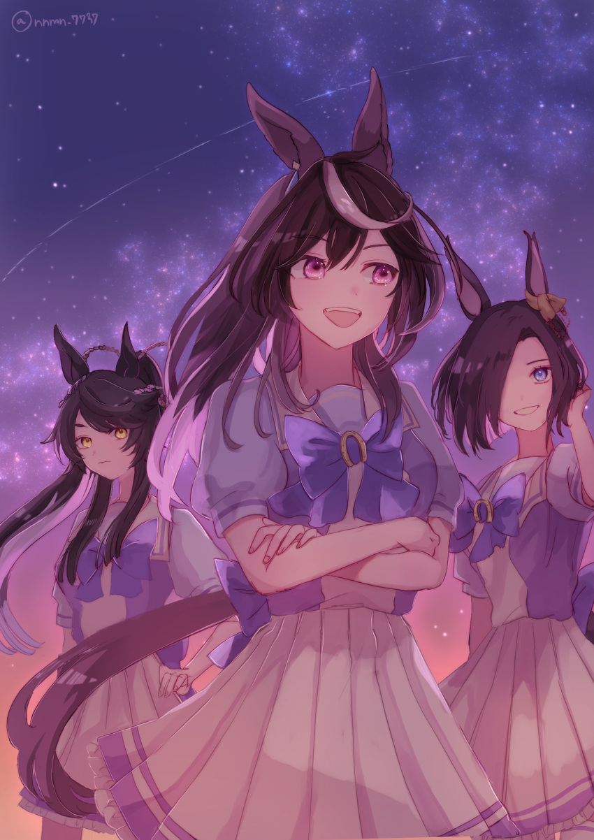 3girls air_groove_(umamusume) animal_ears black_hair blue_eyes bow bowtie brown_hair crossed_arms crossed_bangs hair_over_one_eye highres horse_ears horse_girl horse_tail jupo_(nnmn_7737) looking_at_another looking_at_viewer looking_to_the_side multicolored_hair multiple_girls narita_brian_(umamusume) outdoors pink_eyes ponytail sailor_collar shooting_star short_hair short_sleeves skirt sky standing star_(sky) starry_sky streaked_hair sunlight symboli_rudolf_(umamusume) tail twitter_username umamusume upper_body white_skirt yellow_eyes