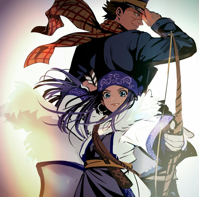 1boy 1girl ainu ainu_clothes arrow_(projectile) asirpa belt bow_(weapon) cloak commentary_request earrings floating_clothes floating_hair fur_cloak golden_kamuy hat headband highres holding holding_arrow holding_bow_(weapon) holding_weapon hoop_earrings jewelry long_hair long_sleeves looking_at_viewer looking_back military_hat military_uniform no2_gk profile purple_headband scar scar_on_face scarf short_hair sidelocks smile spiked_hair sugimoto_saichi uniform upper_body weapon