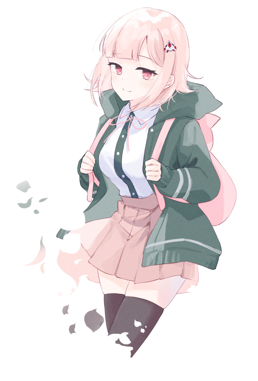 1girl animal_bag backpack bag black_jacket black_shirt black_thighhighs brown_hair brown_skirt cat_bag closed_mouth collared_shirt cropped_legs danganronpa_(series) danganronpa_2:_goodbye_despair dated dress_shirt green_jacket happy_birthday highres hood hood_down hooded_jacket jacket kotake_8 medium_hair miniskirt nanami_chiaki neck_ribbon open_clothes open_jacket petals pink_bag pink_eyes pink_ribbon pleated_skirt ribbon shirt skirt smile solo thighhighs two-tone_shirt white_shirt zettai_ryouiki