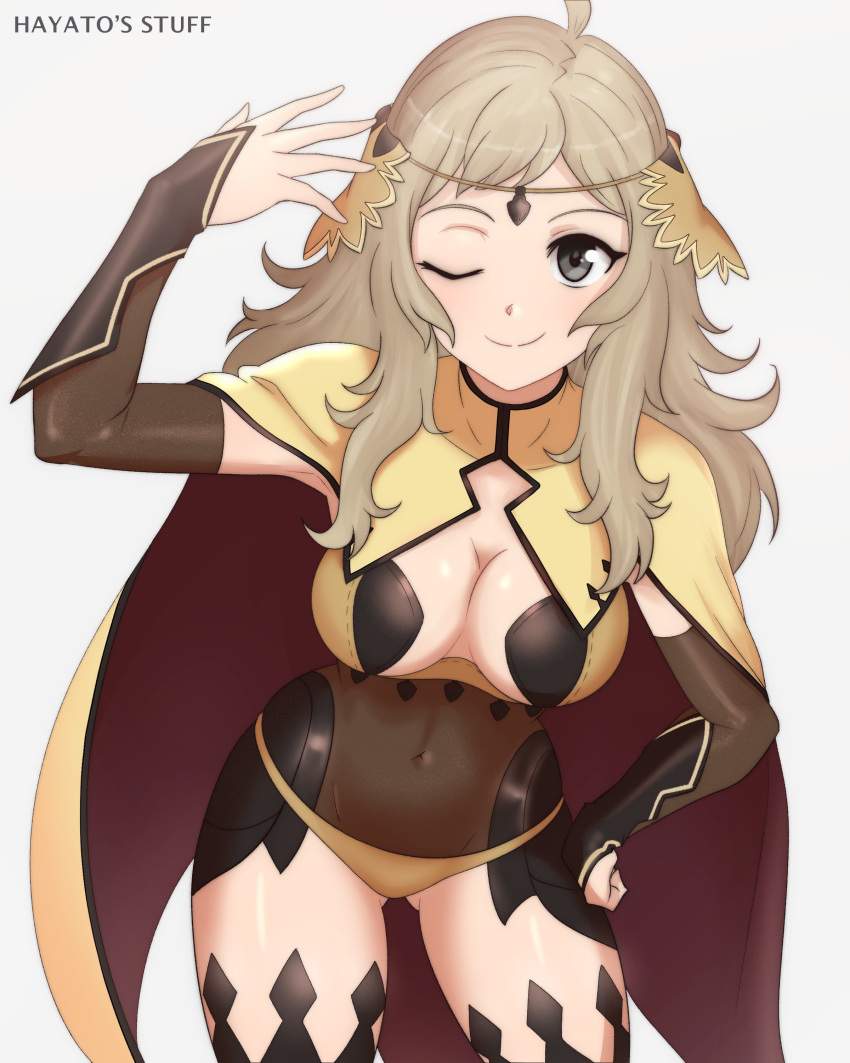 1girl absurdres ahoge black_bridal_gauntlets blonde_hair bodystocking breasts bridal_gauntlets circlet covered_navel fire_emblem fire_emblem_fates gold_cape grey_eyes hayato_stuff highres medium_breasts one_eye_closed ophelia_(fire_emblem) panties parted_bangs smile underwear yellow_panties