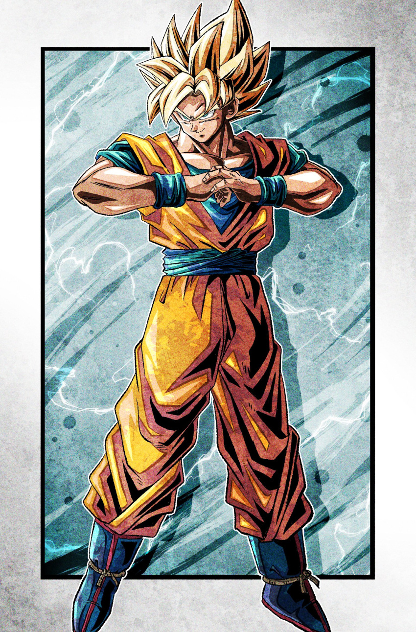 blonde_hair blue_footwear blue_sash blue_shirt boots commentary_request dougi dragon_ball dragon_ball_z electricity green_eyes highres looking_to_the_side medium_hair muscular muscular_male orange_pants orange_shirt pants saiyan sash shirt short_sleeves sleeveless sleeveless_shirt smile son_goku spiked_hair super_saiyan super_saiyan_1 toriyama_akira_(style) ushi_(akabec0)