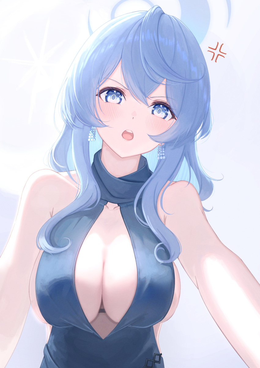 1girl absurdres ako_(blue_archive) ako_(dress)_(blue_archive) anger_vein bare_shoulders blue_archive blue_dress blue_eyes blue_hair blue_halo blush breasts cleavage commentary_request dress earrings halo highres jewelry large_breasts long_hair looking_at_viewer mi7t0 official_alternate_costume open_mouth reaching reaching_towards_viewer sideboob sideless_dress sleeveless sleeveless_dress solo teeth upper_teeth_only
