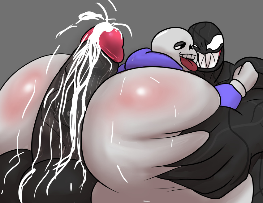 absurd_res big_butt bodily_fluids bone butt butt_squish cum duo ejaculation genital_fluids grey_background hi_res hot_dogging male male/male marvel sans_(undertale) sex simple_background skeleton squish symbiote tongue tongue_out undertale_(series) venom_(marvel) weonraro123