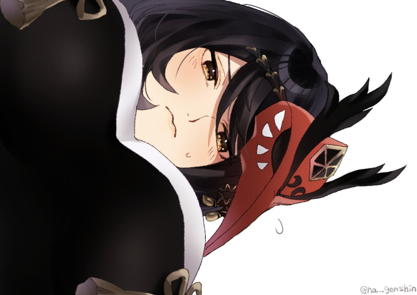 1girl black_eyes black_hair breasts closed_mouth commentary_request from_below genshin_impact highres kujou_sara large_breasts looking_at_viewer mask mask_on_head na_genshin red_mask solo twitter_username