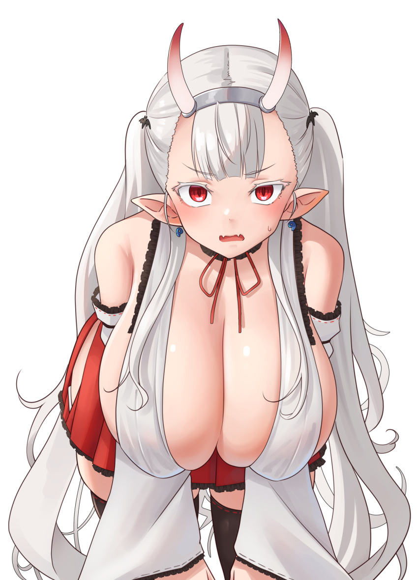 1girl ajidot bare_shoulders black_thighhighs breasts cleavage colored_eyelashes detached_sleeves draculina_(last_origin) earrings fangs hanging_breasts highres hip_vent horns huge_breasts jewelry last_origin long_hair long_pointy_ears miniskirt official_alternate_costume pointy_ears red_eyes red_skirt simple_background skin-covered_horns skin_fangs skirt slit_pupils solo sweatdrop thighhighs twintails very_long_hair white_background white_hair zettai_ryouiki