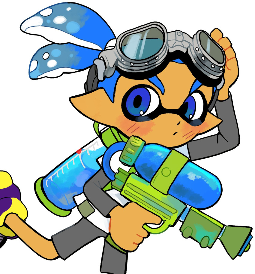 1boy 2mi2lonkik4936 blue_eyes blue_hair closed_mouth commentary goggles goggles_on_head grey_shirt grey_shorts gun highres holding holding_gun holding_weapon ink_tank_(splatoon) inkling inkling_boy inkling_player_character male_focus pointy_ears ponytail shirt shirt_under_shirt short_hair shorts simple_background solo splatoon_(series) splattershot_(splatoon) tentacle_hair weapon white_background white_shirt