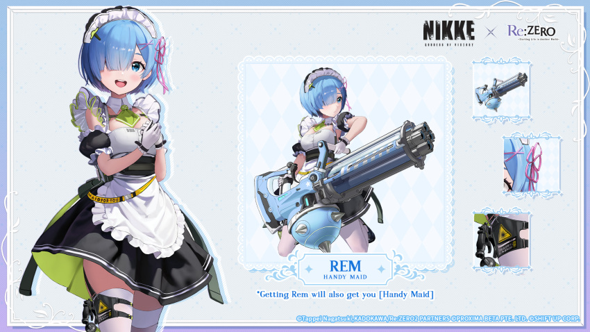 1girl adapted_costume artist_request black_footwear blue_eyes blue_hair breasts cleavage closed_mouth commentary copyright_notice dress english_commentary english_text engrish_text gloves goddess_of_victory:_nikke green_necktie gun hair_over_one_eye hand_on_own_chest highres holding holding_gun holding_weapon holster long_sleeves machine_gun maid maid_headdress medium_breasts medium_hair multiple_views necktie official_art own_hands_together pantyhose ranguage re:zero_kara_hajimeru_isekai_seikatsu rem_(re:zero) roswaal_mansion_maid_uniform second-party_source shoes squatting two-sided_fabric two-sided_skirt watermark weapon white_dress white_gloves white_pantyhose