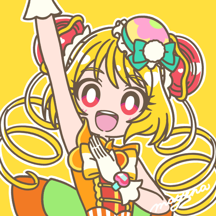 1girl :d blonde_hair bow bright_pupils brooch bun_cover cure_yum-yum delicious_party_precure double_bun drill_hair gloves green_bow hair_bun hanamichi_ran heart heart_brooch highres jewelry long_hair looking_at_viewer mayena orange_bow outline precure red_hair sleeveless smile solo upper_body white_gloves white_outline white_pupils yellow_background yellow_bow