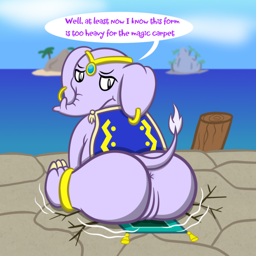 anus big_butt butt cracks detailed_background elephant elephantid english_text female feral genitals hi_res island jewelry looking_back magic_carpet mammal motion_lines outside proboscidean pussy sea shantae_(elephant_form) shantae_(series) sharkinwaves solo text water wayforward