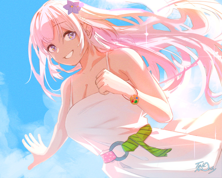 1girl airani_iofifteen blue_sky breasts cleavage dress flower hair_flower hair_ornament highres hololive hololive_indonesia large_breasts long_hair pink_hair purple_eyes signature sky smile sundress takomonty virtual_youtuber