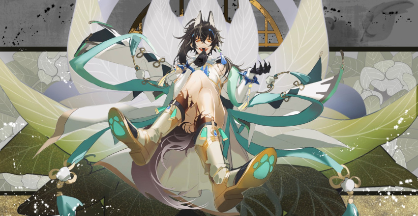 ambiguous_gender animal_humanoid bangs boots canid canid_humanoid canine canine_humanoid clothing crossed_legs detailed_background footwear hair hi_res humanoid karu_(nu:_carnival) long_hair mammal mammal_humanoid nu:_carnival ponytail prick_ears sitting smile solo tail wolf_humanoid xiayabaier