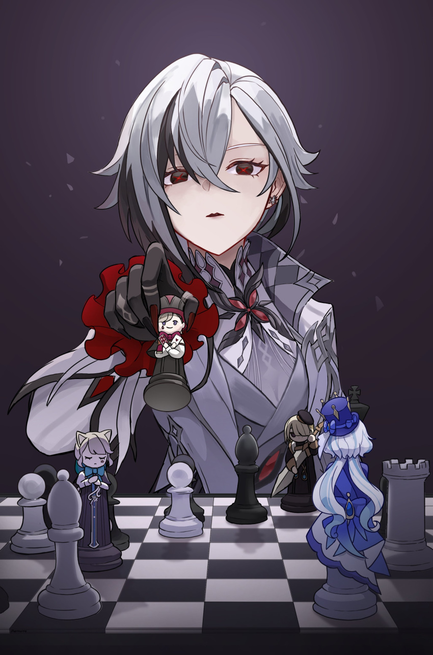 1girl absurdres arlecchino_(genshin_impact) bishop_(chess) black_eyes black_hair board_game chess chess_piece chessboard coat commentary earrings freminet_(genshin_impact) furina_(genshin_impact) genshin_impact grey_coat grey_shirt highres jewelry long_sleeves lynette_(genshin_impact) lyney_(genshin_impact) multicolored_hair open_clothes open_coat parted_lips pawn_(chess) peomyu_phermu rook_(chess) shirt streaked_hair the_flute_(genshin_impact) white_hair