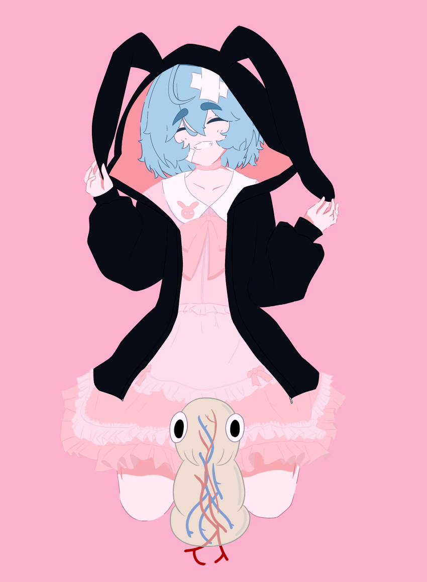 1girl :d absurdres ahoge alternate_costume animal_ears black_hoodie blue_hair bow dress frilled_dress frills hair_between_eyes highres hood hoodie indie_virtual_youtuber kneeling light_blue_hair lop_rabbit_ears noiriririri para_(vtuber) parasite_(para) pink_background pink_bow pink_dress rabbit_ears short_hair smile teeth thick_eyebrows virtual_youtuber