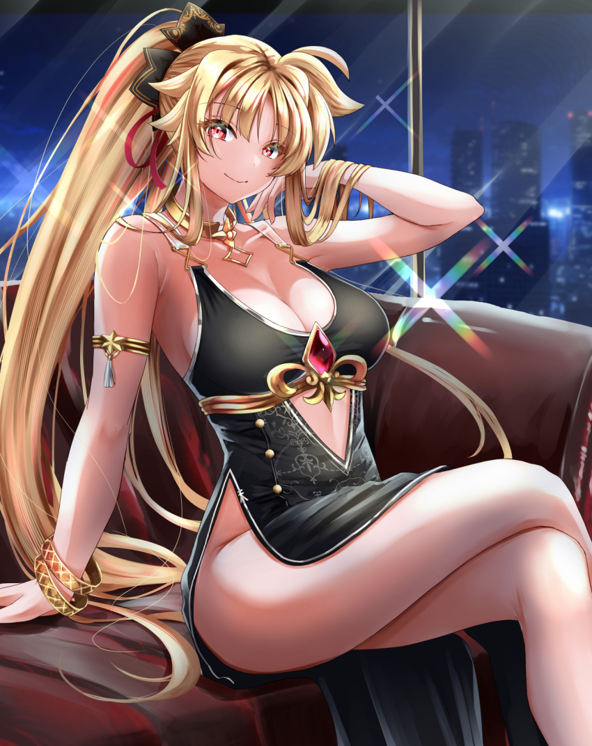 1girl armlet bare_arms bare_legs blonde_hair bracelet breasts cleavage closed_mouth couch crossed_legs fate_testarossa hair_between_eyes hair_ribbon hand_in_own_hair highres indoors jewelry large_breasts long_hair looking_at_viewer lyrical_nanoha mahou_shoujo_lyrical_nanoha mahou_shoujo_lyrical_nanoha_strikers night no_panties ponytail red_eyes red_ribbon ribbon side_slit sideboob sitting smile solo sougetsu_izuki sparkle very_long_hair