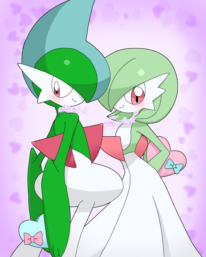 1boy 1girl absurdres arms_behind_back artist_name averting_eyes blue_bow blue_hair blush bob_cut bow box closed_mouth colored_skin commentary flat_chest gallade gardevoir gift green_hair green_skin hair_over_one_eye happy heart heart-shaped_box heart_background hetero highres holding holding_gift looking_back looking_down meru_(mer_milky77) mohawk multicolored_hair multicolored_skin one_eye_covered pink_bow pokemon pokemon_(creature) purple_background short_hair shy signature smile standing twitter_username two-tone_hair two-tone_skin valentine white_skin