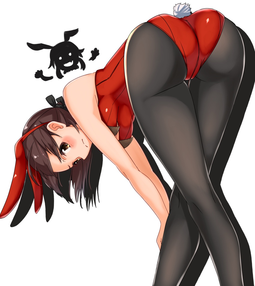 1girl absurdres animal_ears ass bare_shoulders blush breasts brown_hair bunny_ears bunny_girl bunny_tail cleavage frown gertrud_barkhorn highres hiroshi_(hunter-of-kct) leaning_forward looking_at_viewer medium_breasts pantyhose short_hair silhouette_demon solo stretch strike_witches tail white_background world_witches_series