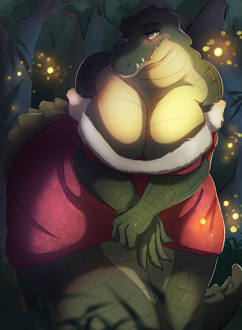 2023 4_fingers absurd_res anthro ardail bare_shoulders big_breasts breasts christmas christmas_clothing cleavage clothed clothing crocodile crocodilian crocodylid curvy_figure detailed_background dress eyebrows eyelashes female fingers forest hi_res holidays huge_breasts looking_at_viewer night outside plant red_clothing red_dress reptile santa_dress scalie sharp_teeth smile solo teeth thick_thighs tree voluptuous wide_hips