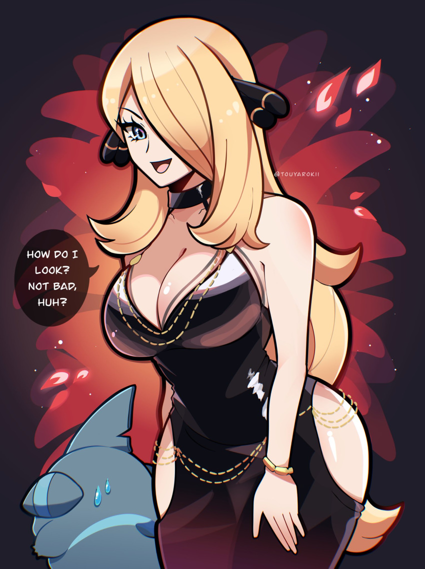 1girl bare_shoulders black_background black_choker black_dress blonde_hair blue_eyes bracelet breasts chain choker cleavage cynthia_(pokemon) dress english_text facing_back gible gold_bracelet gold_chain hair_ornament hair_over_one_eye halterneck hand_on_own_leg highres hip_vent jewelry large_breasts long_hair looking_at_viewer meme meme_attire modakawa_dress open_mouth petals pokemon pokemon_(creature) pokemon_dppt rose_petals sidelocks speech_bubble sweatdrop touyarokii twitter_username wide_hips