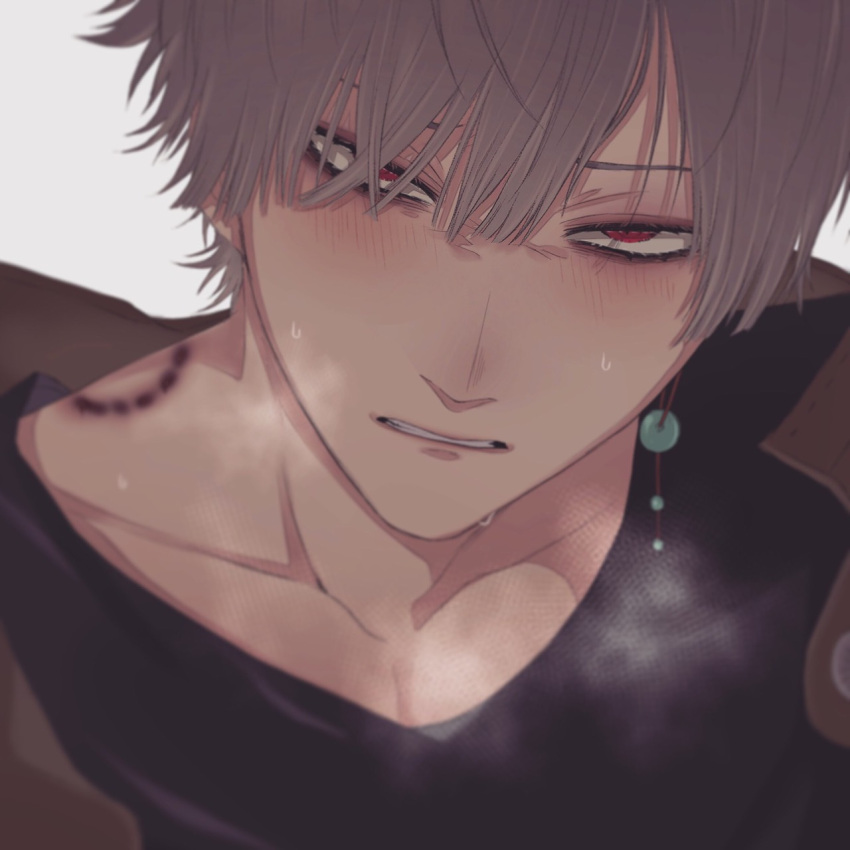 1boy bandaid bite_mark black_shirt blush close-up collarbone commentary_request curtained_hair earrings grey_background grey_hair highres jewelry looking_at_viewer male_focus munimuni_muniwo narrowed_eyes original parted_lips portrait red_eyes sanpaku shirt short_hair single_earring solo steam_from_mouth sweat