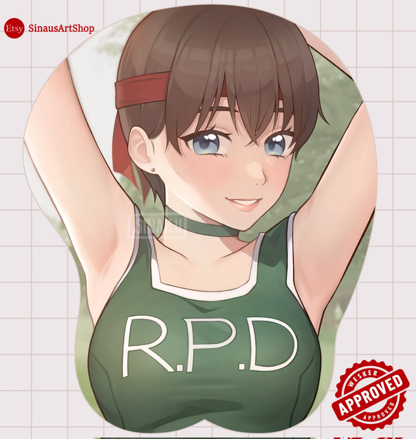 1girl armpits arms_up artist_name blue_eyes blush brown_hair choker collarbone commentary corrupted_twitter_file crossed_bangs earrings english_commentary green_choker green_sports_bra grey_background headband highres jewelry looking_at_viewer mousepad_(medium) rebecca_chambers red_headband resident_evil resident_evil_0 short_hair sinau solo sports_bra stud_earrings