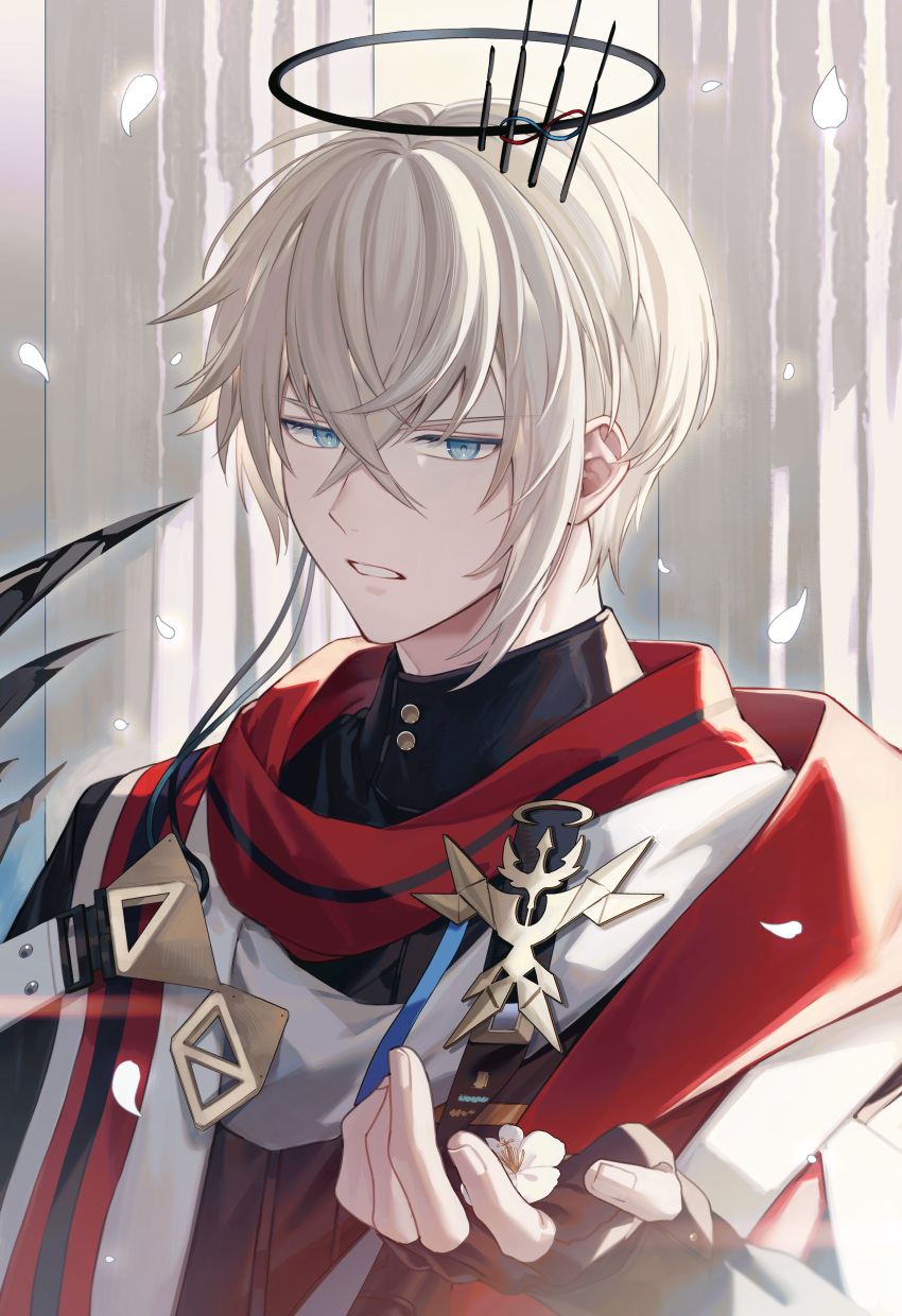 1boy absurdres arknights black_wings blonde_hair blue_eyes executor_(arknights) executor_the_ex_foedere_(arknights) falling_petals fingerless_gloves flower gloves hair_between_eyes halo highres iyo_(iyoo) looking_at_viewer male_focus petals short_hair solo upper_body white_flower wings