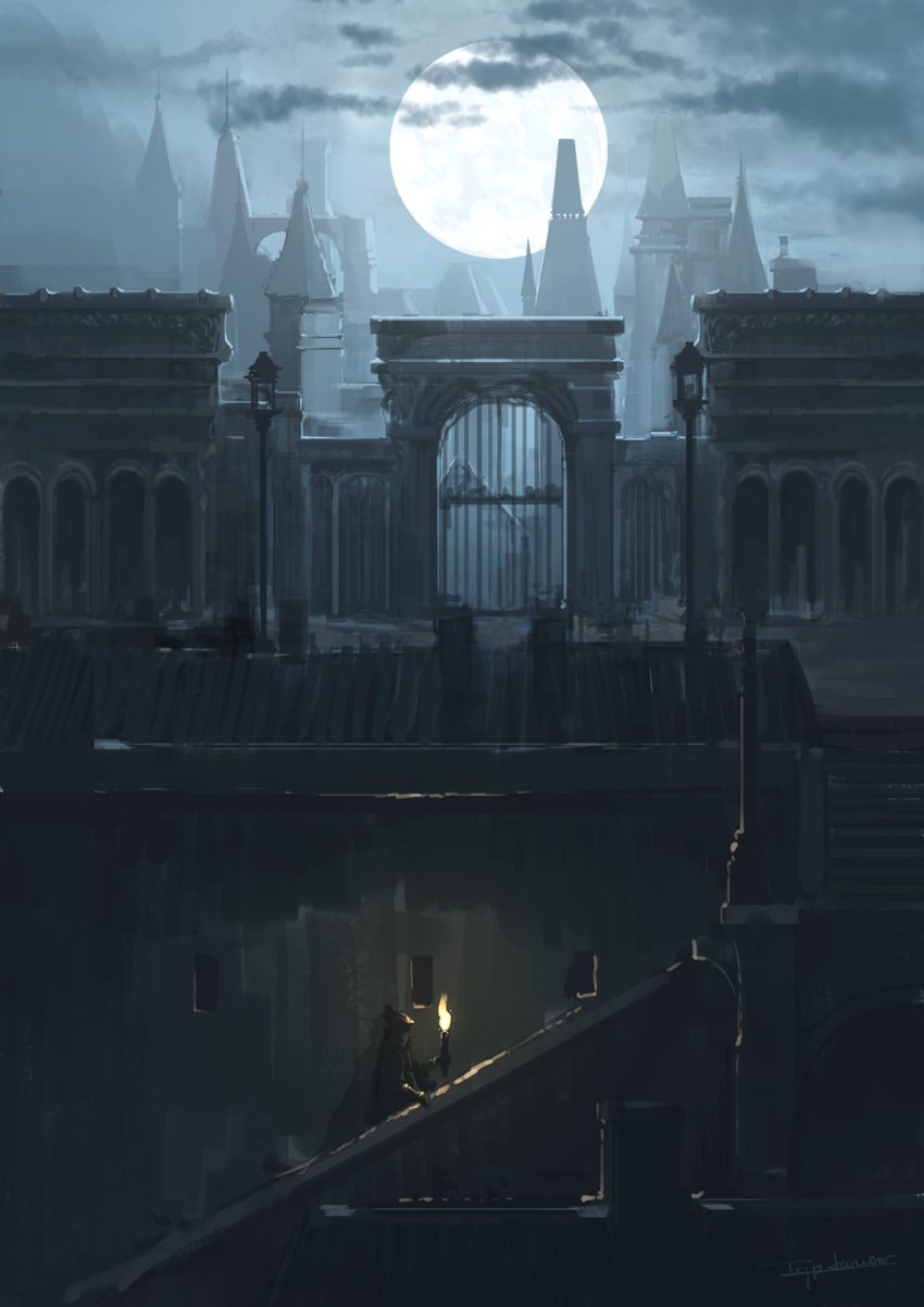 1other ambiguous_gender arch artist_name bloodborne building cloud commentary door full_moon highres holding holding_torch hunter_(bloodborne) lamppost moon night scenery signature stairs torch tripdancer walking yharnam