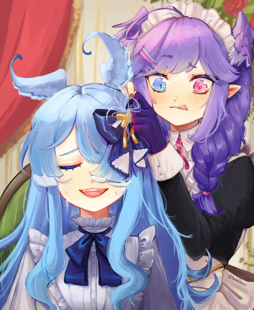 2girls absurdres ahoge blue_hair bow braid chair closed_mouth dress elira_pendora fangs hair_bow hair_ornament hair_over_one_eye hairclip head_wings heterochromia highres indoors long_hair long_sleeves maid maid_headdress multiple_girls nijisanji nijisanji_en one_eye_covered open_mouth purple_hair selen_tatsuki shibedraws sitting smile sweat tongue tongue_out twin_braids twitter_username upper_body virtual_youtuber white_dress wings