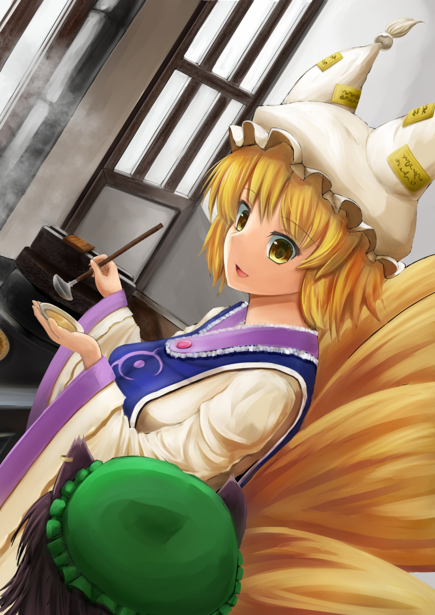 2girls animal_ears black_hair blonde_hair cat_ears chen commentary_request cooking dress dutch_angle fox_tail from_above from_behind hat hat_with_ears highres jewelry ladle looking_at_viewer luke_(kyeftss) mob_cap multiple_girls multiple_tails ofuda open_mouth saucer short_hair single_earring tabard tail tassel touhou upper_body white_dress yakumo_ran yellow_eyes