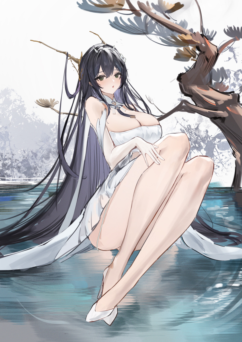 1girl :o absurdres azur_lane bare_arms bare_legs black_eyes black_hair black_necktie breasts cleavage detached_collar dress flantia full_body highres indomitable_(azur_lane) knees_up large_breasts legs long_hair long_legs looking_at_viewer necktie parted_lips reflection reflective_water ripples sitting solo strapless strapless_dress thighs tree very_long_hair water white_background white_dress