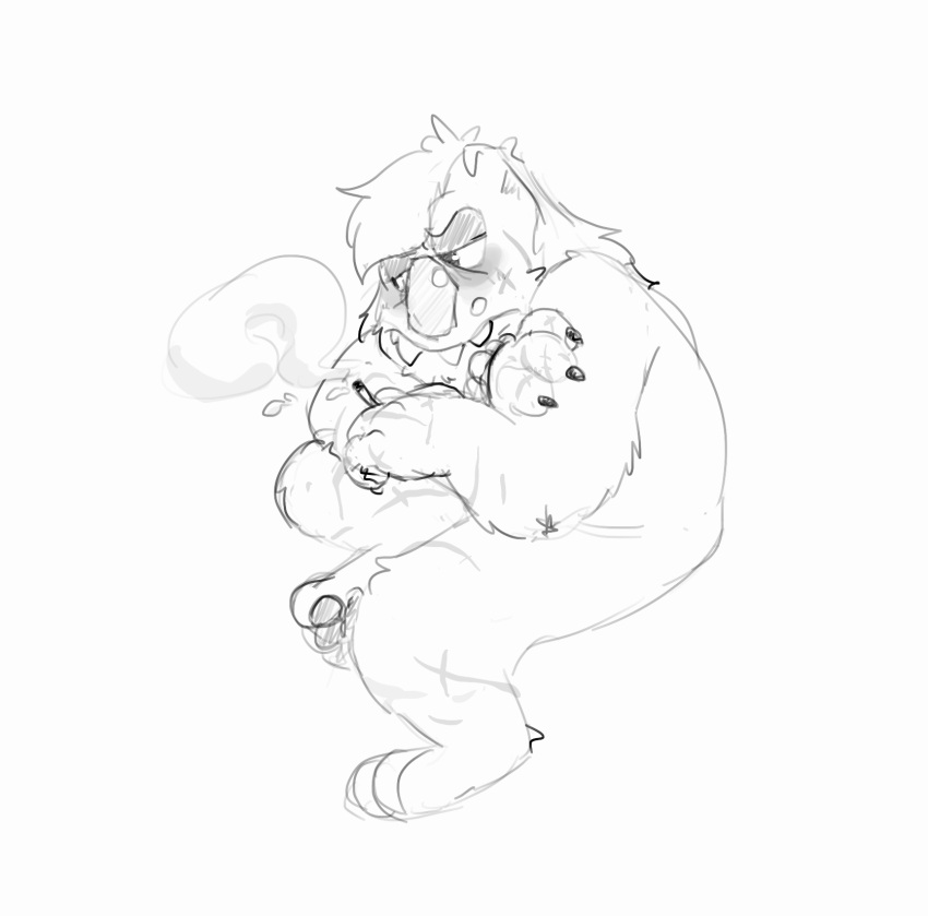 2022 angry anthro bugsnax cigarette claws crossed_arms digital_media_(artwork) facial_piercing fan_character fur grummy_gruncher_(shaibey) grumpus hair half-closed_eyes hand_on_arm hand_on_own_arm hi_res holding_cigarette holding_object monochrome narrowed_eyes nonbinary_(lore) nose_piercing pawpads piercing shaibey sitting sketch smoke solo three-quarter_view young_horses