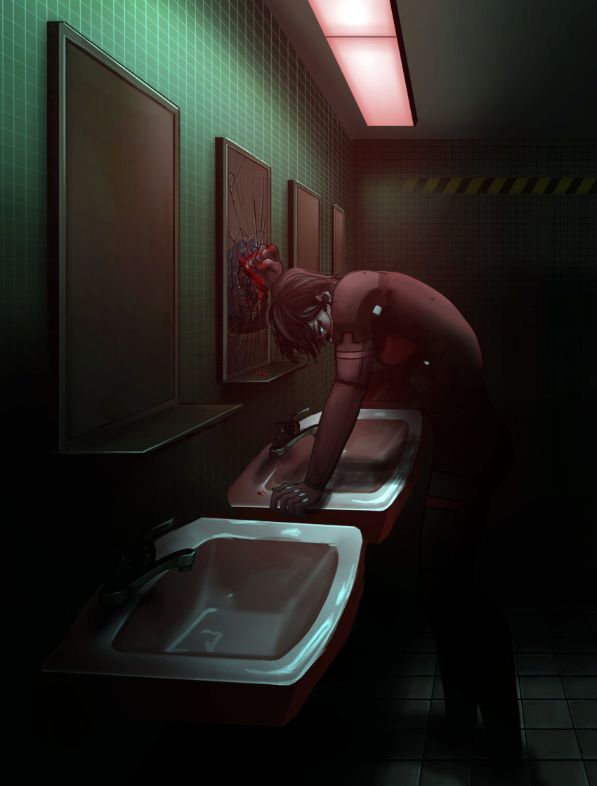 1girl android bathroom black_hair blood blood_on_hands blue_eyes commentary_request crack cracked_glass digitigrade elster_(signalis) highres looking_at_mirror mirror ohime_illust short_hair signalis sink solo