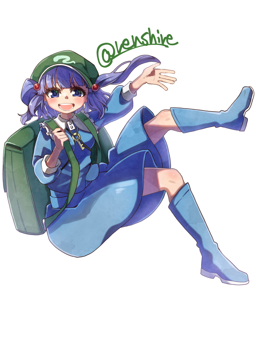 1girl absurdres backpack bag blue_eyes blue_footwear boots commentary flat_cap full_body green_headwear hair_bobbles hair_ornament hat highres kawashiro_nitori key long_sleeves looking_at_viewer one-hour_drawing_challenge open_mouth renshirenji rubber_boots simple_background smile solo touhou twitter_username two_side_up white_background