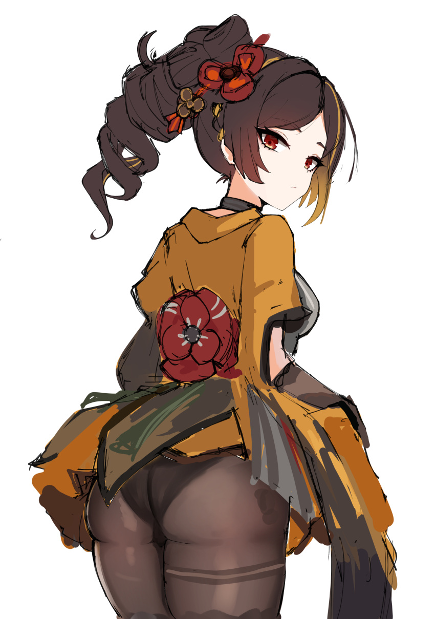 1girl absurdres ass brown_hair chiori_(genshin_impact) cowboy_shot drill_hair genshin_impact gloves haori highres japanese_clothes long_hair looking_at_viewer mini2chainz pantyhose ponytail red_eyes short_sleeves sketch solo standing thighs