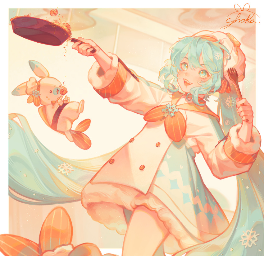 1girl absurdres blue_eyes blue_hair chef chef_hat food fried_rice frying_pan hair_ornament hat hatsune_miku highres holding holding_frying_pan indoors long_hair low-braided_long_hair low-tied_long_hair neckerchief open_mouth orange_neckerchief orange_theme rabbit_yukine saliva sharp_teeth shrimp shrimpku smile snowflake_hair_ornament solo teeth twintails very_long_hair vocaloid yhokosai yuki_miku_(2024)_(applicant)