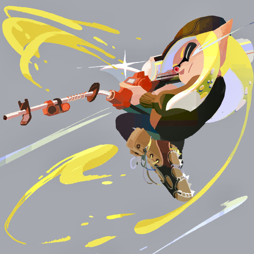1girl andou_azk blonde_hair boots brown_footwear brown_headwear closed_mouth commentary_request cross-laced_footwear e-liter_4k_(splatoon) full_body glint grey_background gun hat highres holding holding_gun holding_weapon inkling inkling_girl inkling_player_character long_hair one_eye_closed paint pointy_ears red_eyes simple_background solo splatoon_(series) splatoon_3 tentacle_hair weapon