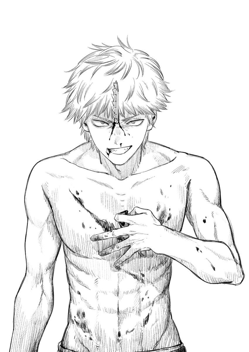 1boy abs absurdres blood blood_on_chest blood_on_face chainsaw chainsaw_man collarbone commentary_request denji_(chainsaw_man) evil_grin evil_smile greyscale grin hatching_(texture) highres kiunchiku male_focus monochrome navel nosebleed pull_cord sharp_teeth smile solo teeth toned toned_male topless_male upper_body